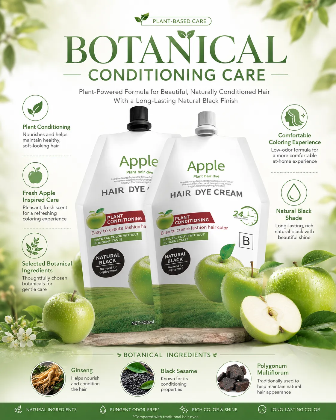 Apple Plant Conditioning Natural Black Hair Dye Cream Kit