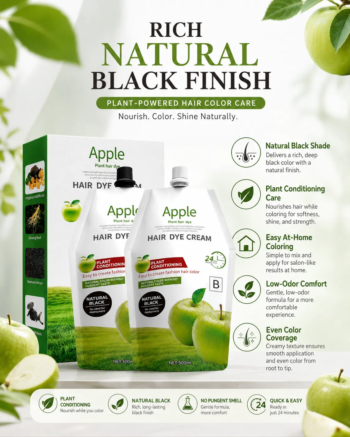 Apple Plant Conditioning Natural Black Hair Dye Cream Kit