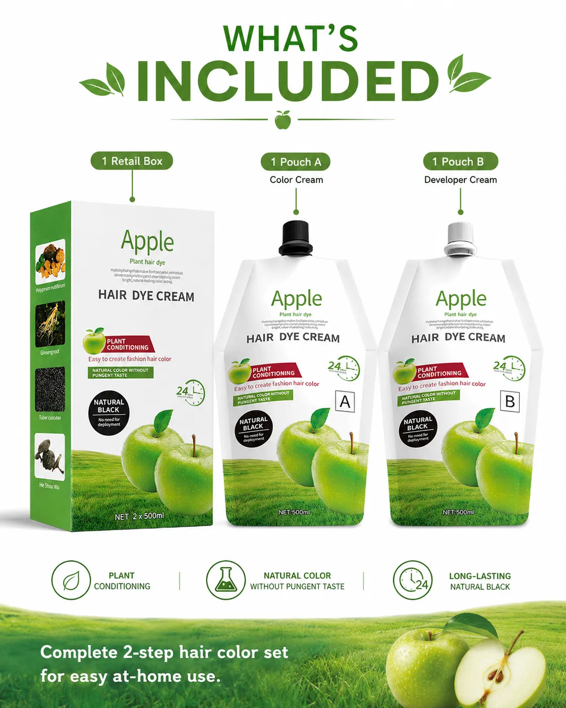 Apple Plant Conditioning Natural Black Hair Dye Cream Kit