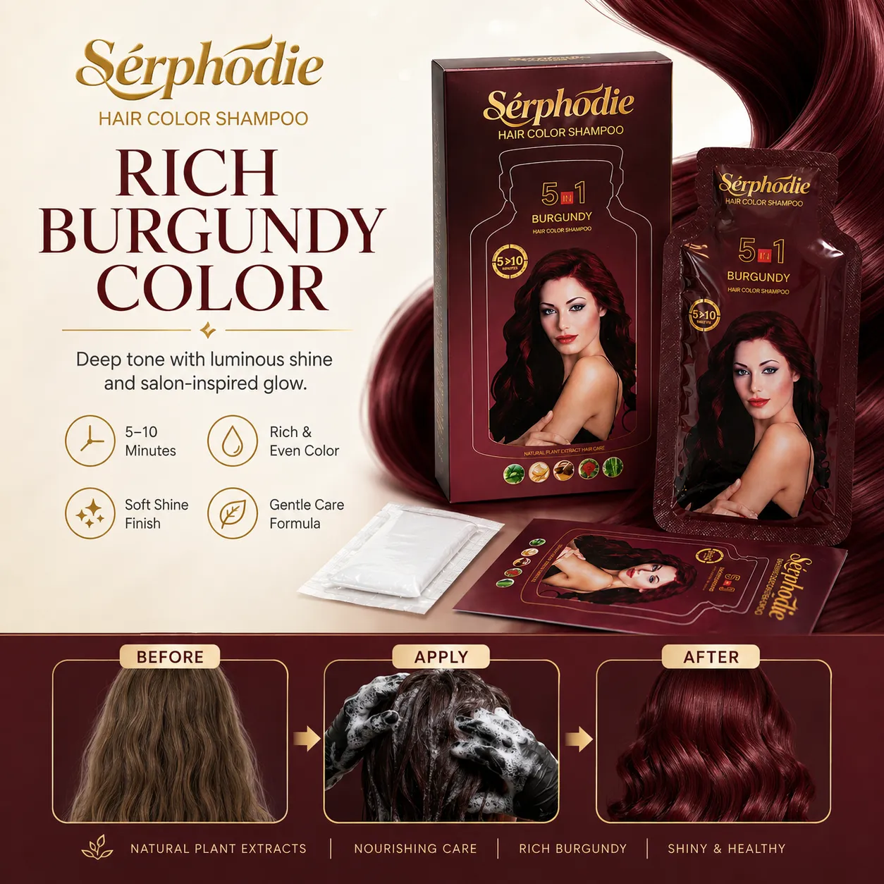 Sérphodie 5-in-1 Burgundy Plant Extract Hair Color Shampoo