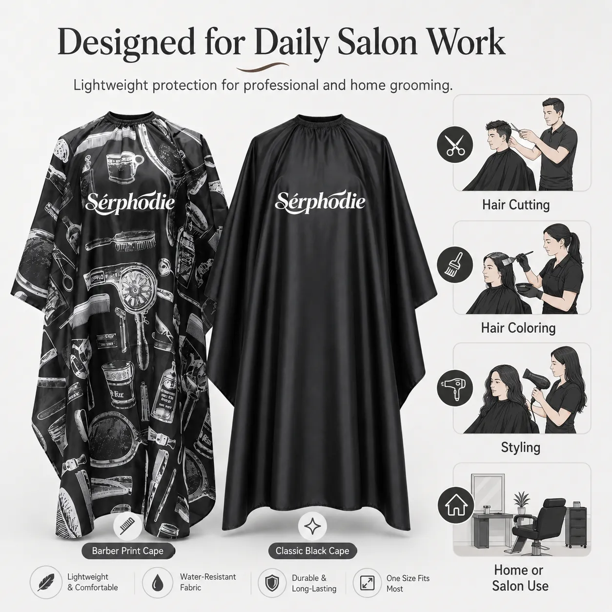 Sérphodie Professional Salon Cape – Printed & Classic Black Styles