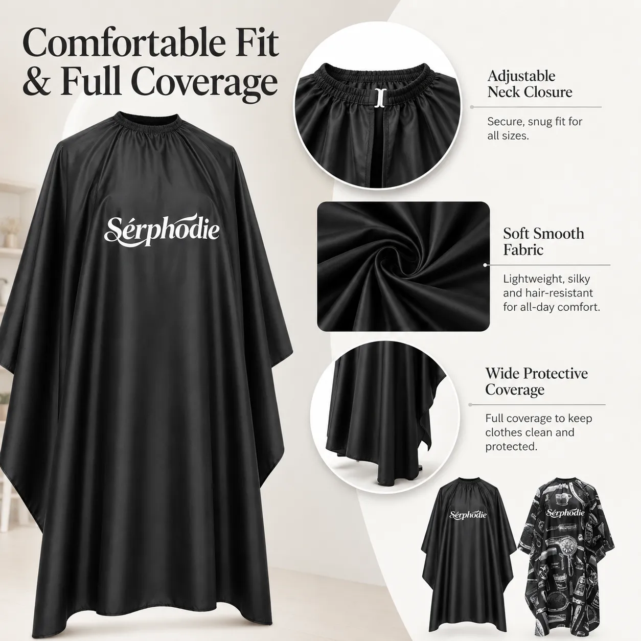 Sérphodie Professional Salon Cape – Printed & Classic Black Styles