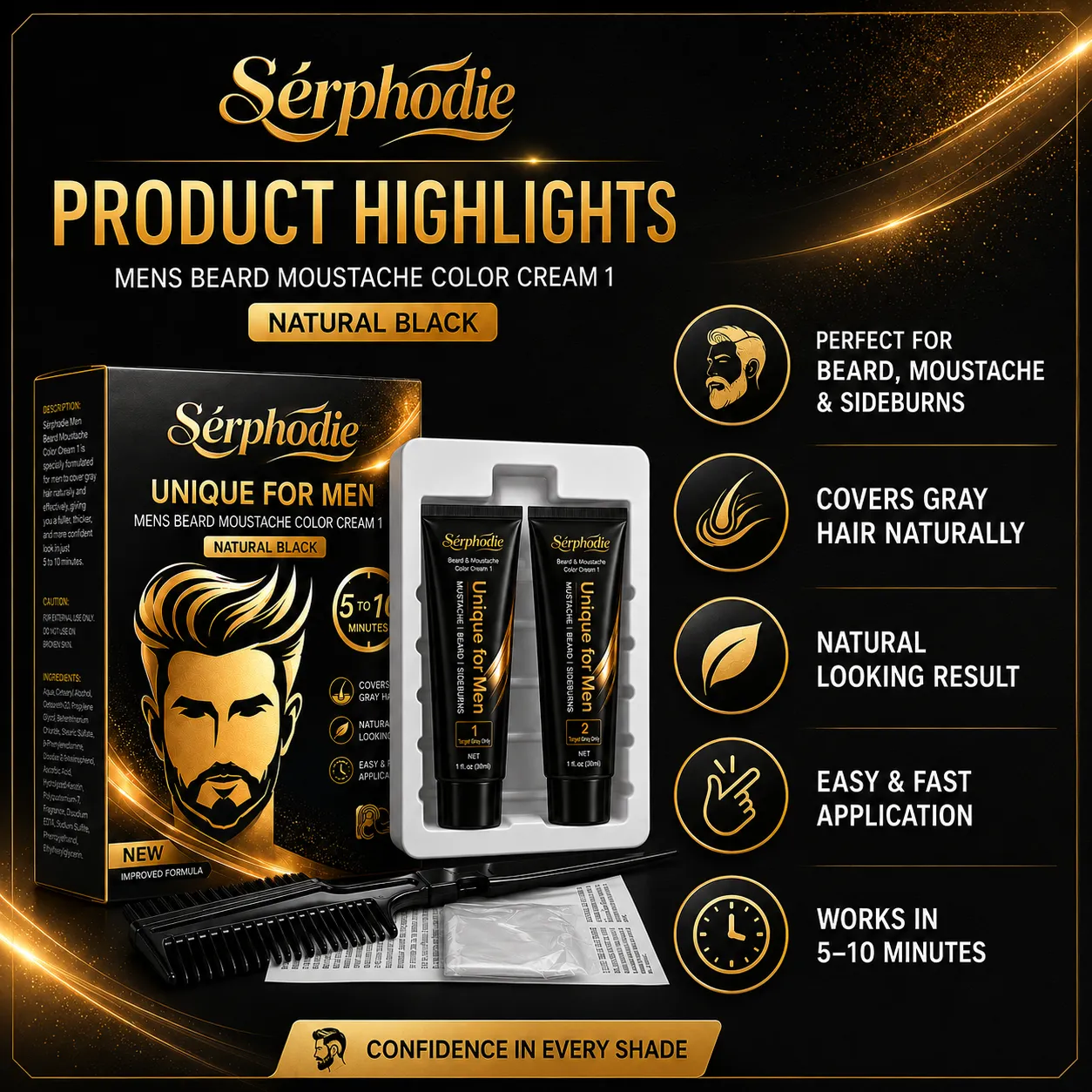 Serphodie Men’s Beard & Moustache Color Cream Kit
